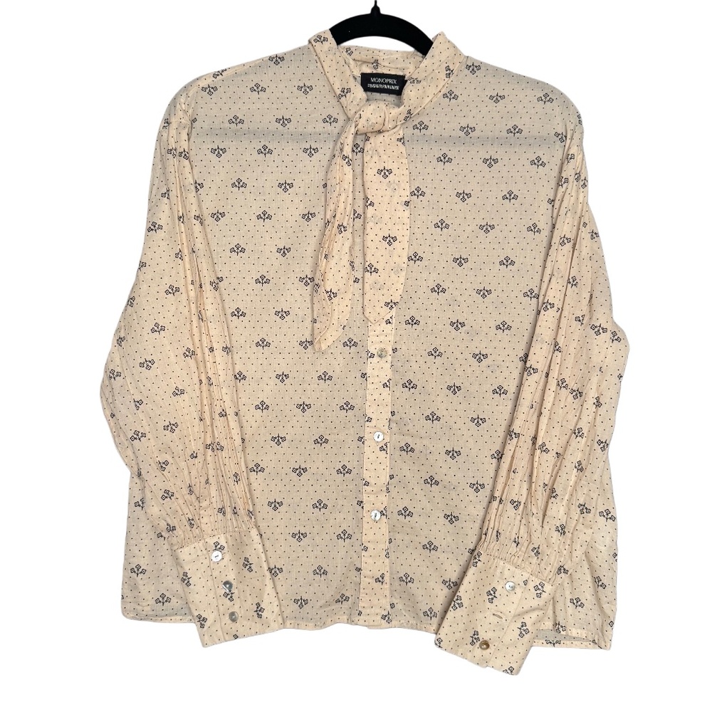 Ditsy Floral Polka Dot Cotton Tie Neck Button Up Long Sleeve Blouse Monoprix